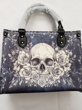 Skullette vegan leather bag small purse goth dark icy blue with skull & roses